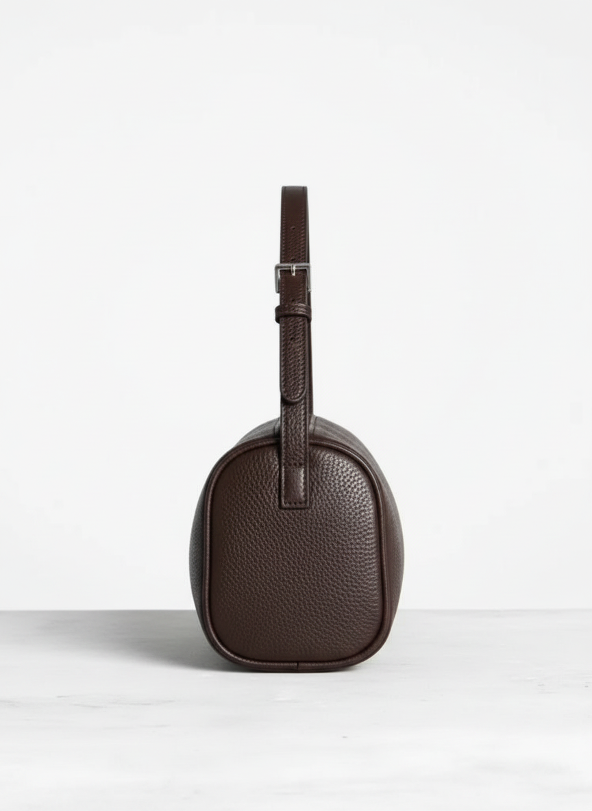 Valentina Roma barrel bag in espresso leather, side view
