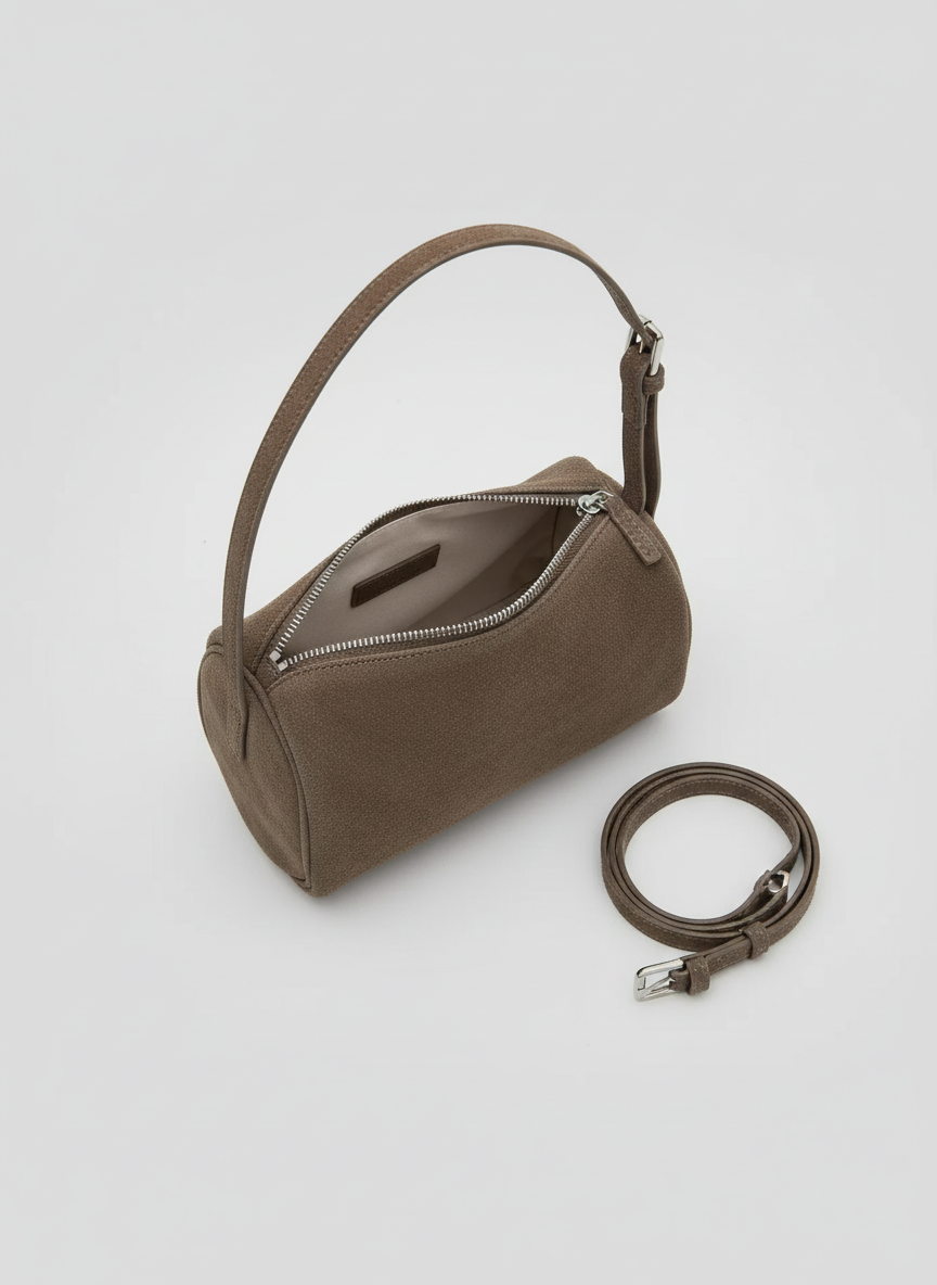 Valentina Roma barrel bag in grey suede, open from above showing the interior