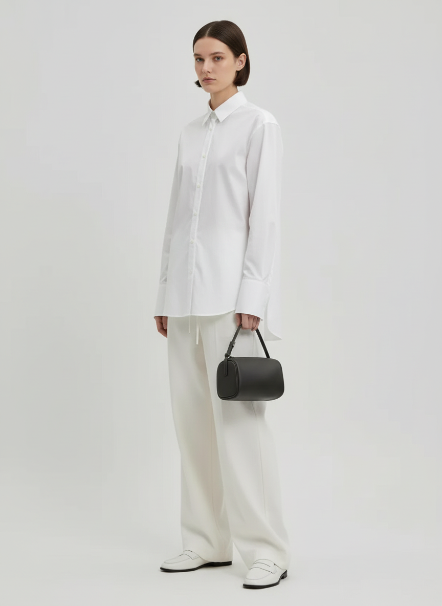 Model holding the Valentina Roma barrel bag in charcoal leather, full length