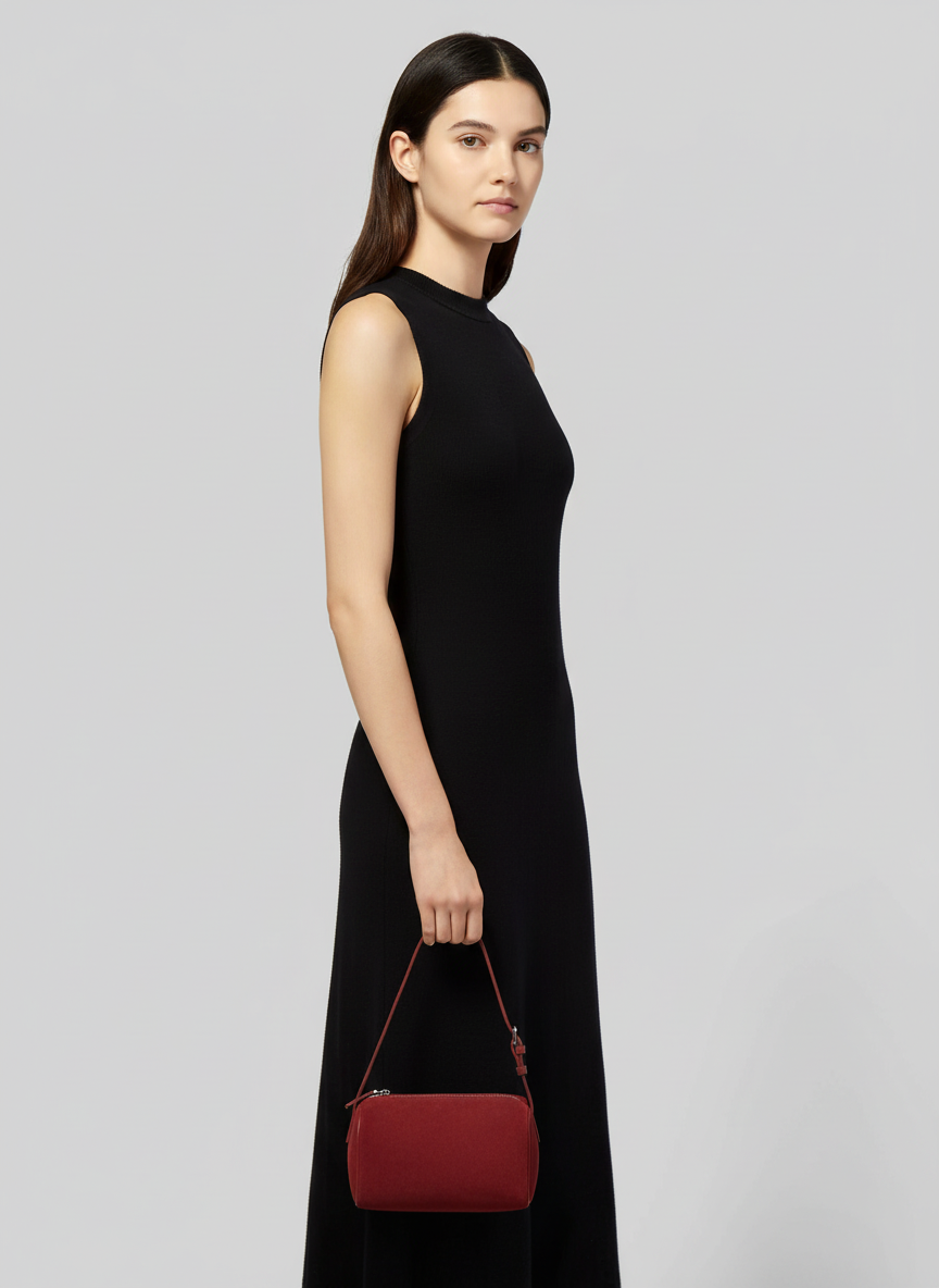 Model carrying the Valentina Roma barrel bag in red suede