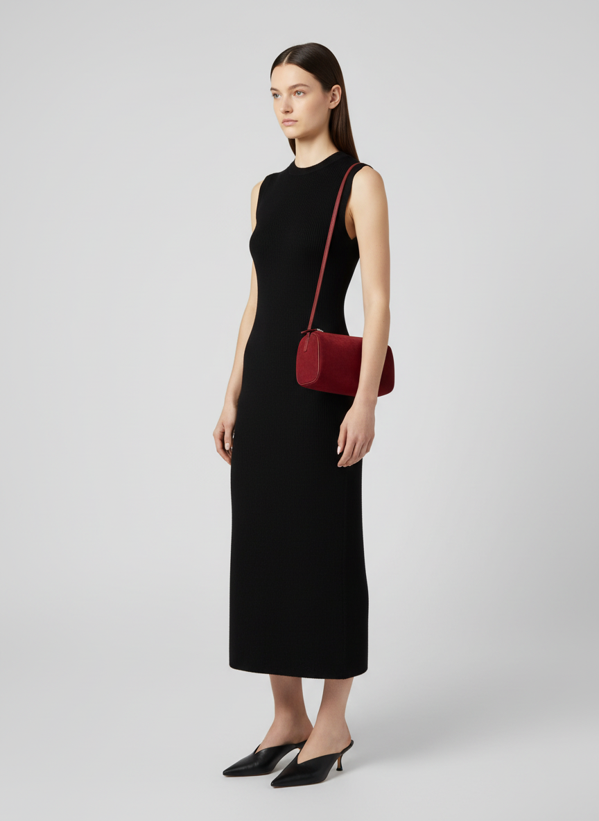 Model wearing the Valentina Roma barrel bag in red suede on the shoulder strap