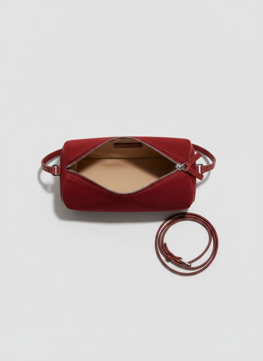 Valentina Roma barrel bag in red suede, open from above showing the interior