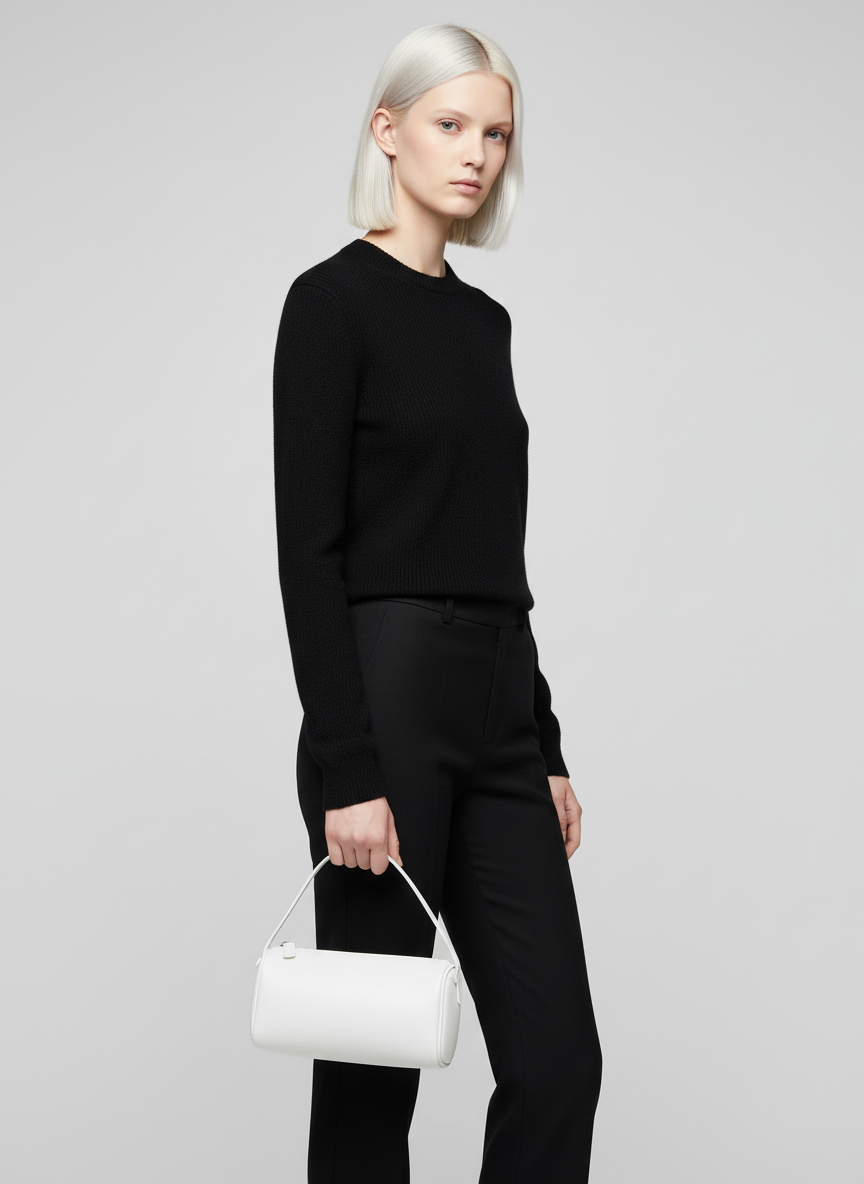 Model holding the Valentina Roma barrel bag in white leather by its top handle