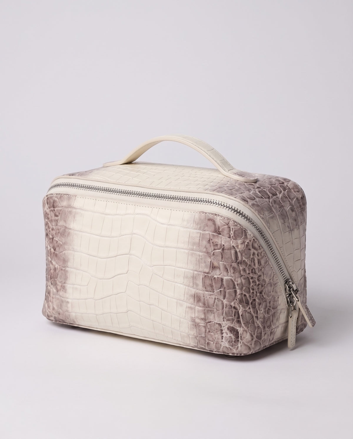 Varenna Large croc-embossed vanity case in Pearl – three-quarter view