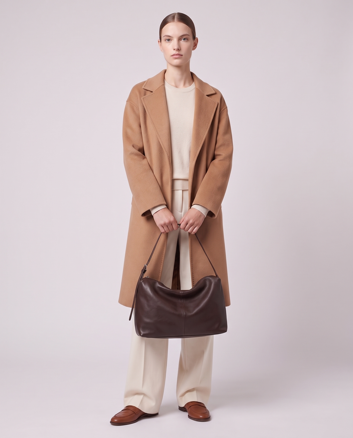 Model carrying the Valentina Velluto Small bag in Chocolate