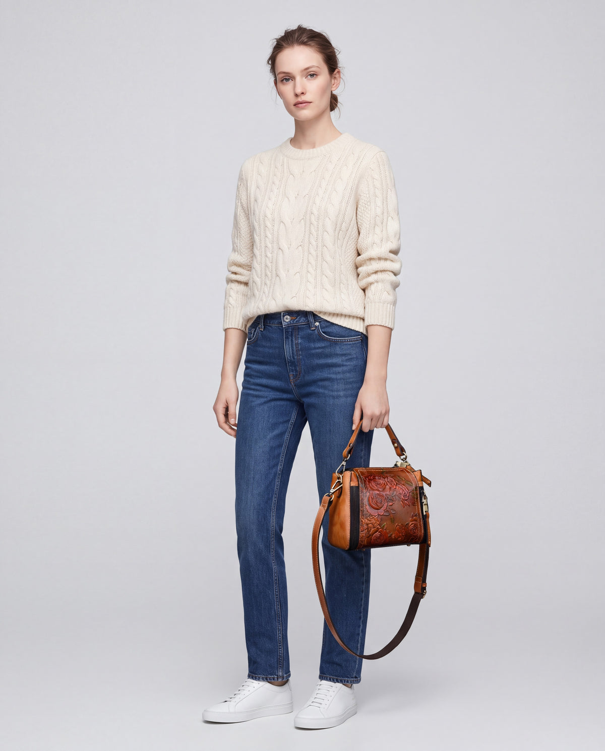 Legacy bag in Coffee – worn by model, full length