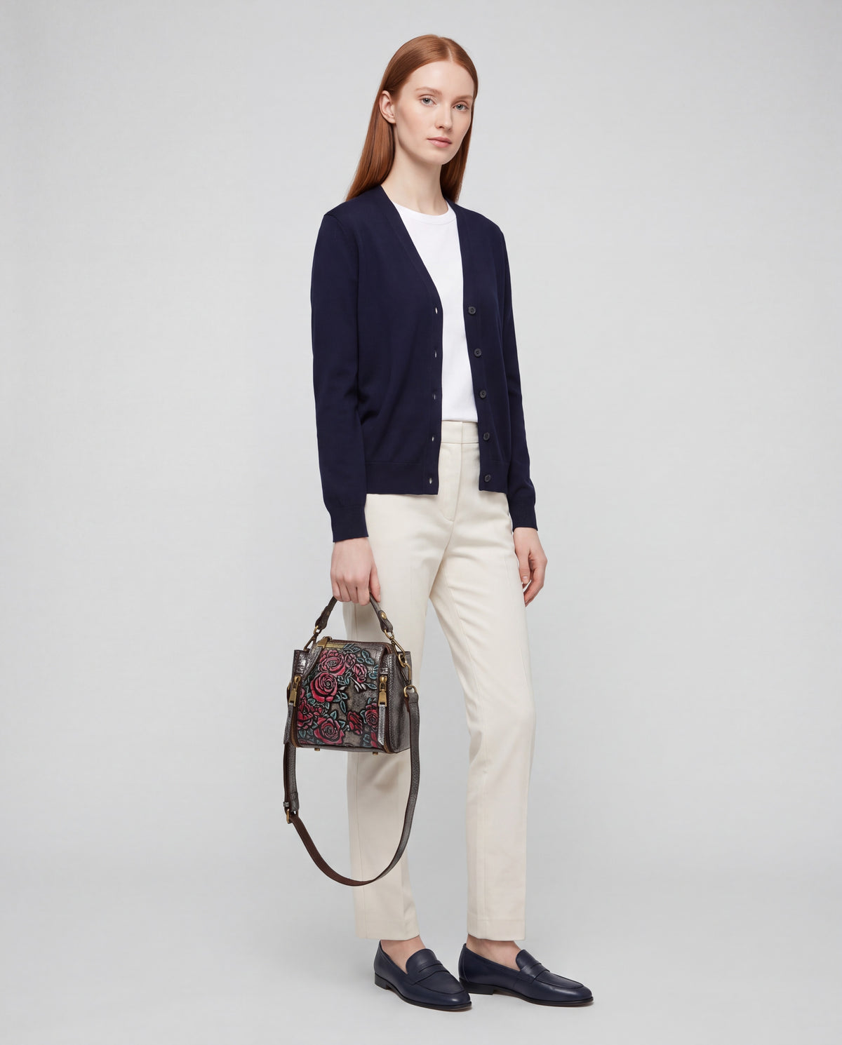 Legacy bag in Silver – worn by model, full length